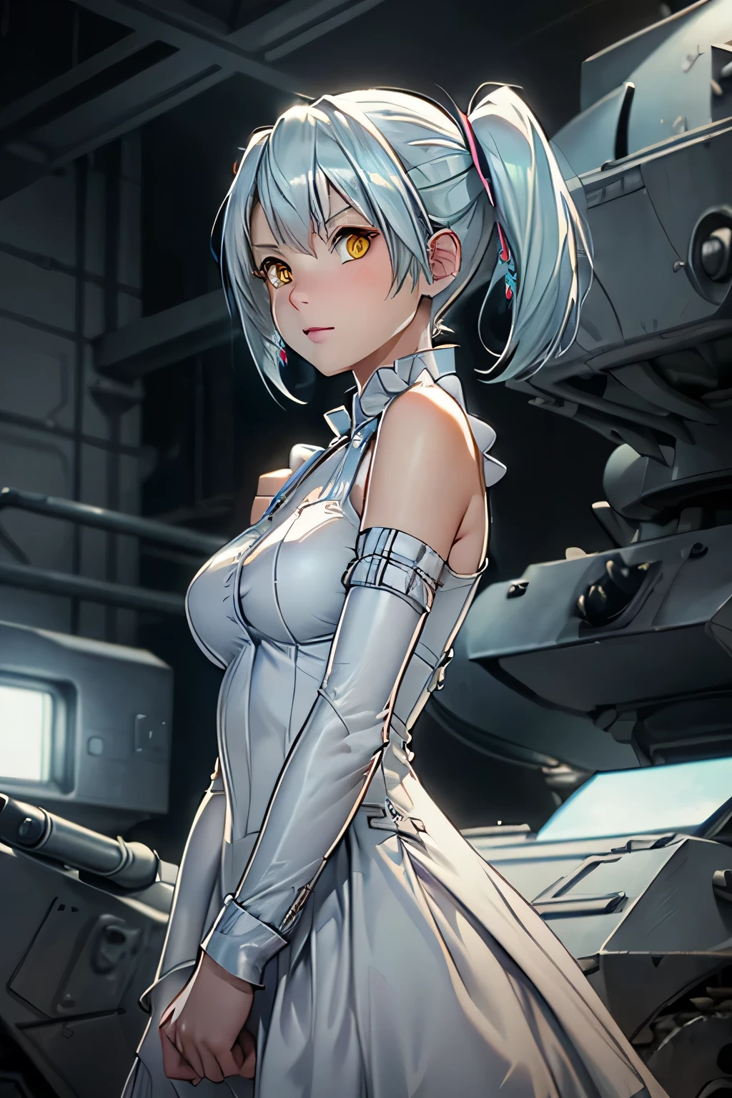  perfect anatomy 　 best quality, highest resolution,(((White shiny dress　 light blue hair )))　[blurry]　16k　 detachable sleeve　 Sleeveless Dress　 yellow eyes　Advance Wars Tabitha　tank