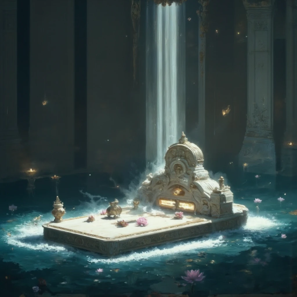 A digital painting depicts a mystical scene within an ancient, ornate structure. The focal point is an elevated platform resembling a royal throne, situated centrally in the image. This platform is adorned with intricate carvings and surrounded by water filled with lotus flowers of various colors (pink, purple, white) and green lily pads. The surface of the platform features elaborate designs along its edges and corners, including floral motifs and geometric patterns. On top are several golden artifacts, including ornamental pots, bowls, and small statues, as well as scattered pink lotus flowers. A large backrest showcases elaborate floral and scrollwork patterns, emphasizing the regal nature of this setting. The most striking element is a beam of light descending from above, illuminating the throne and creating a serene, ethereal atmosphere. Soft particles float around the light shaft, adding to the magical quality of the scene. In the background, tall pillars with elaborate carvings and columns can be seen, enhancing the sense of depth and grandeur. Faint illumination from small torches or lamps on the walls contributes to the overall dim lighting, though the main source remains the beam of light. The color palette includes shades of deep blue, dark gray, soft gold, pale pink, and emerald green, with highlights in ivory and light beige. The composition emphasizes the central platform while maintaining balance throughout the scene. Small glowing elements and faint light sources in the shadows enhance the mysterious ambiance of this enchanted environment.