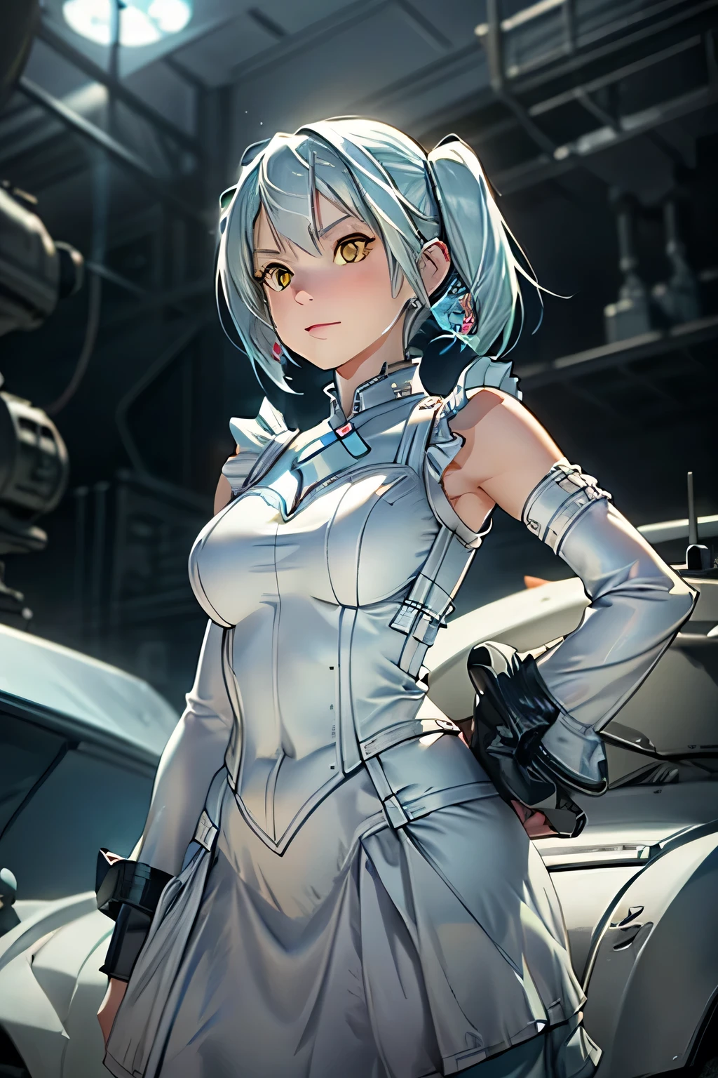  perfect anatomy 　 best quality, highest resolution,(((White shiny dress　 light blue hair )))　[blurry]　16k　 detachable sleeve　 Sleeveless Dress　 yellow eyes　Advance Wars Tabitha　tank　cool