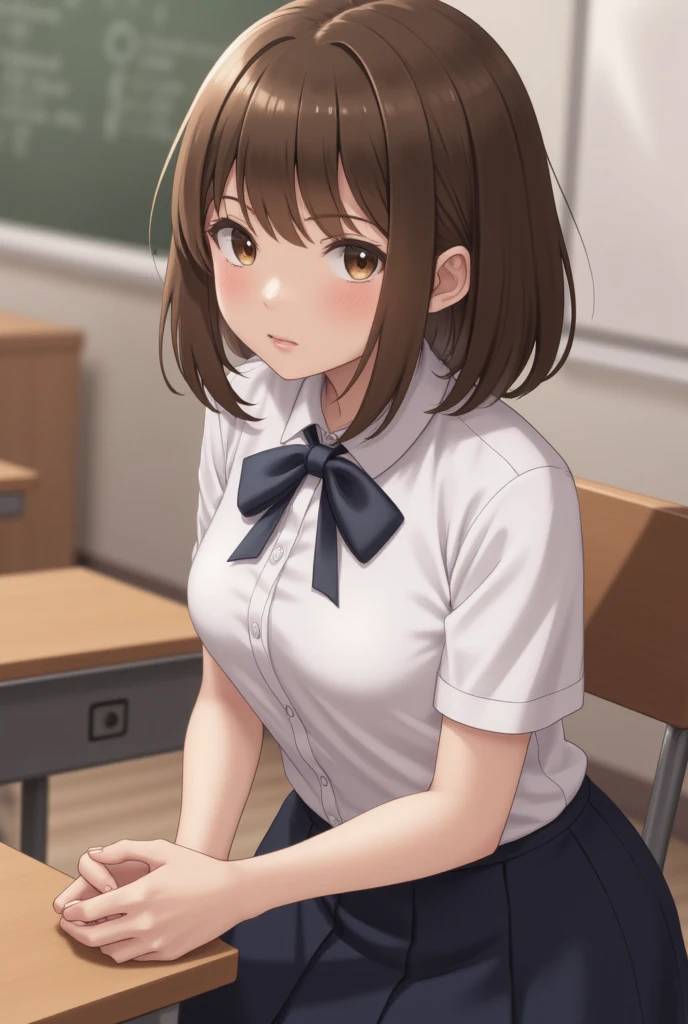 , solo girl,  short-hair, looking at viewer, brown hair, shirt, bow, brown eyes, sitting, white shirt, short sleeves, skirt, indoors, bowtie, lips, black bow, chair, table, black bowtie, realistic, classroom ,high_resolution , 8k