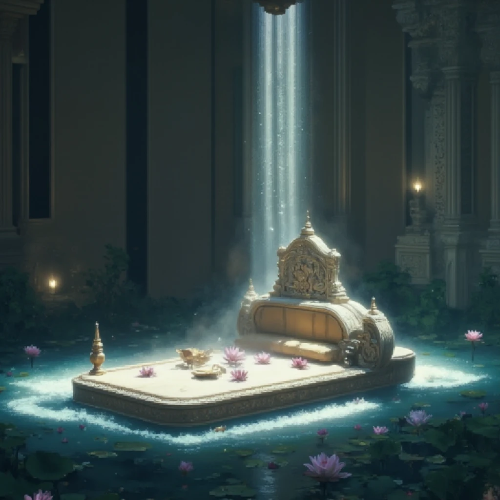 Create a serene nighttime scene of an ancient South Indian setting. In the middle of a tranquil pond filled with vibrant, colorful water lilies, depict an intricately designed traditional South Indian bed. The bed is crafted with detailed carvings and appears comfortable and luxurious, resting on a raised platform above the water. Surround the scene with glowing traditional oil lamps, their golden light reflecting softly on the water and the bed. The backdrop includes lush greenery and a faint silhouette of a traditional South Indian temple. The atmosphere is tranquil, mystical, and warm, illuminated by the soft, flickering light of the lamps under a clear, starlit sky.