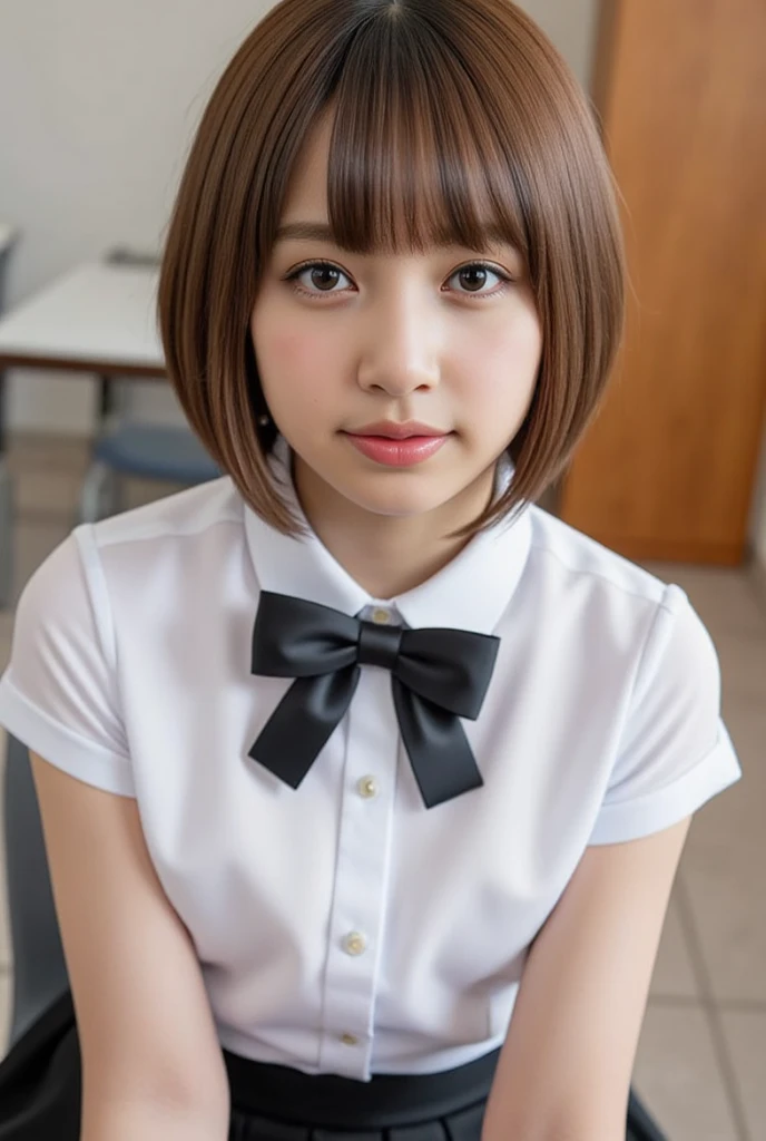 solo girl,  short-hair, looking at viewer, brown hair, shirt, bow, brown eyes, sitting, white shirt, short sleeves, skirt, indoors, bowtie, lips, black bow, chair, table, black bowtie, realistic, classroom ,high_resolution , 8k