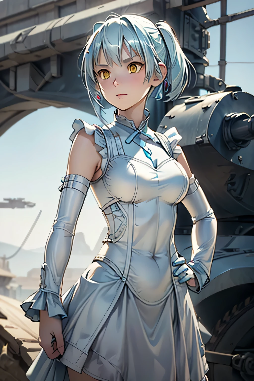  perfect anatomy 　 best quality, highest resolution,(((White shiny dress　 light blue hair )))　[blurry]　16k　 detachable sleeve　 Sleeveless Dress　 yellow eyes　Advance Wars Tabitha　tank　desert