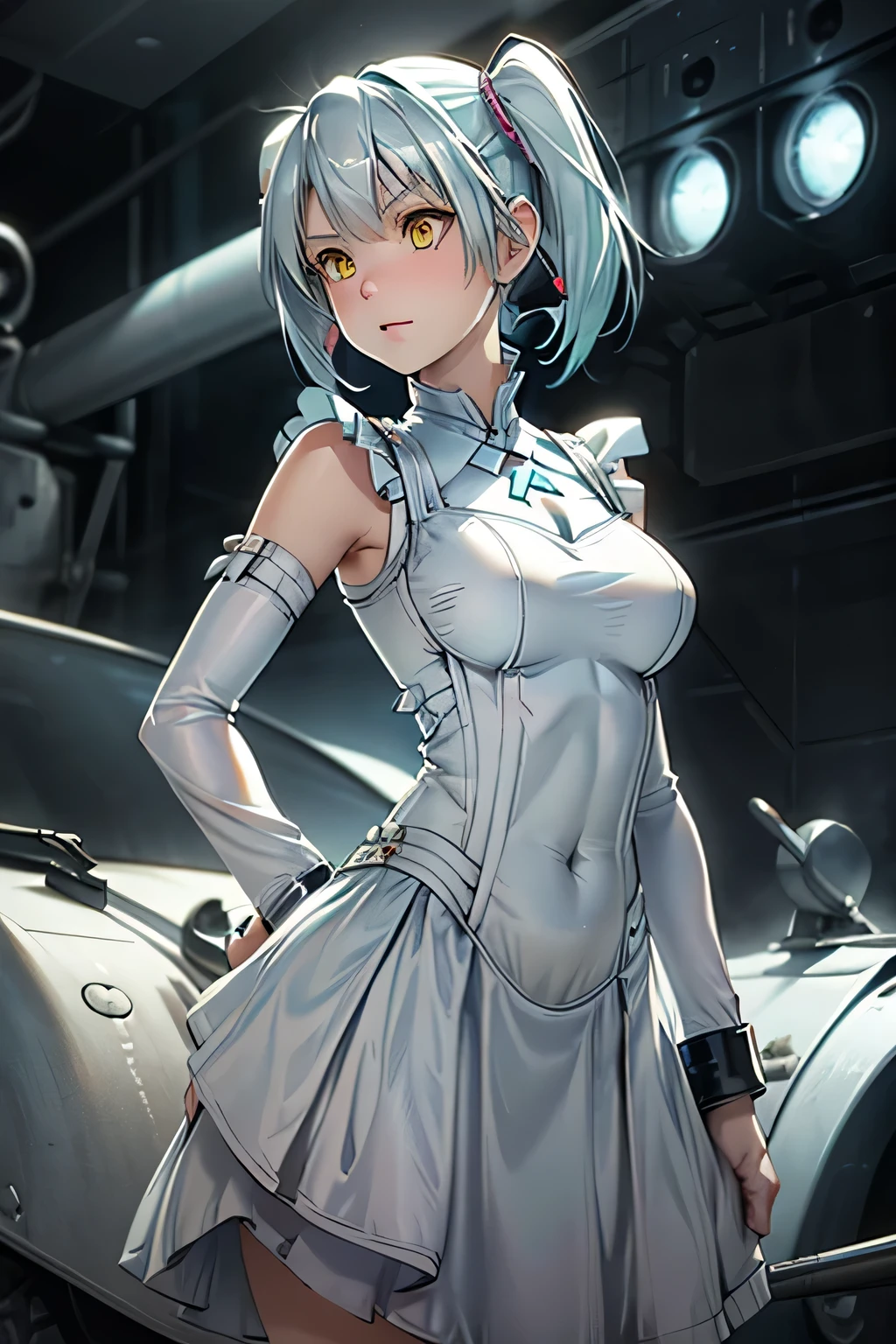  perfect anatomy 　 best quality, highest resolution,(((White shiny dress　 light blue hair )))　[blurry]　16k　 detachable sleeve　 Sleeveless Dress　 yellow eyes　Advance Wars Tabitha　tank　desert