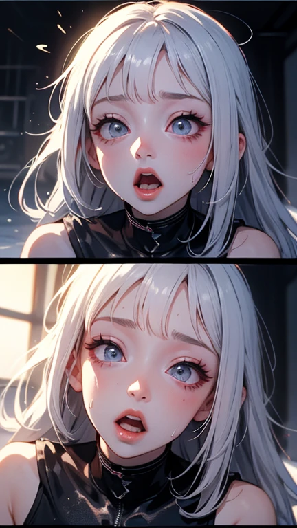 (1 beautiful girl:1.1), (gray hair:1.2),(wavy hair:1.2), (sobbing:1.3), (blush:1.3), (trembling:1.3), (half-closed eyes:1.2), (open mouth), (fellatio) , Deepthroat, (cum on face:1.2) small breasts, (cum on body:1.3), (sweating), (hydrated skin), (slavery clothes:1.3), pregnant, (lying on back), (lying on ground), in ghost town, (gangbang:1.4), (2 guy), large penis, (vaginal sex:1.1), nsfw
