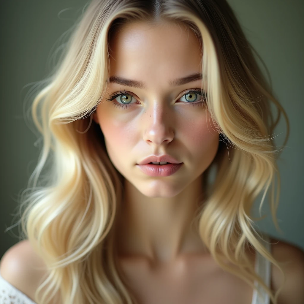 (photorealism:30) A white skin, light blonde, pretty 20 y/o girl, with green eyes, straight nose, medium arched eyebrows and full lips. Soft face features. Very long medium wavy hair. Wearing a white dress. With a dark green background.