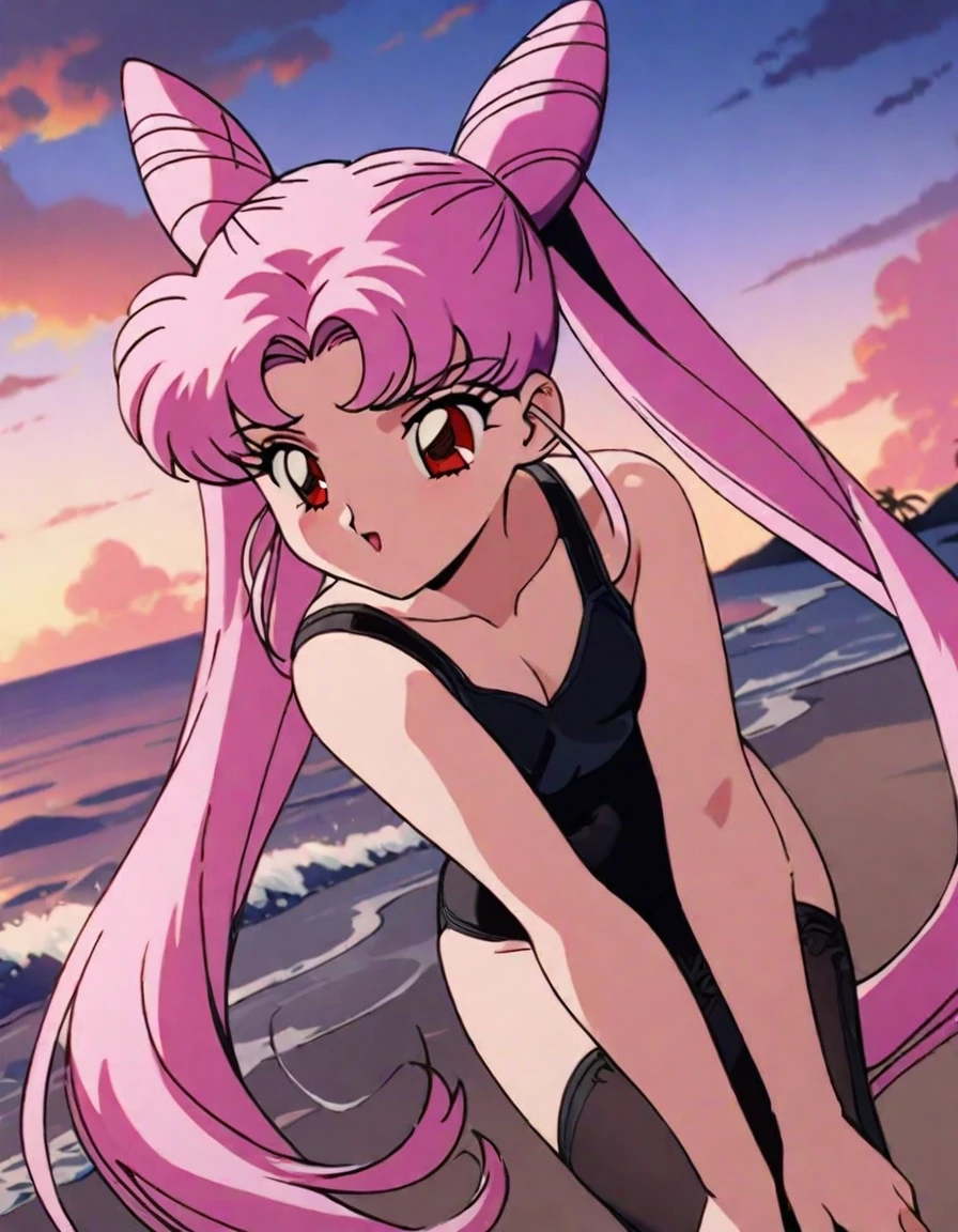 masterpiece,best quality,very aesthetic,ultra detailed,intricate details,1990s \(style\),Black Lady1,1girl,solo,pink hair,cone hair bun,long hair,hair bun,double bun,red eyes, twintails,very long hair,black swimsuit, on beach, evening,