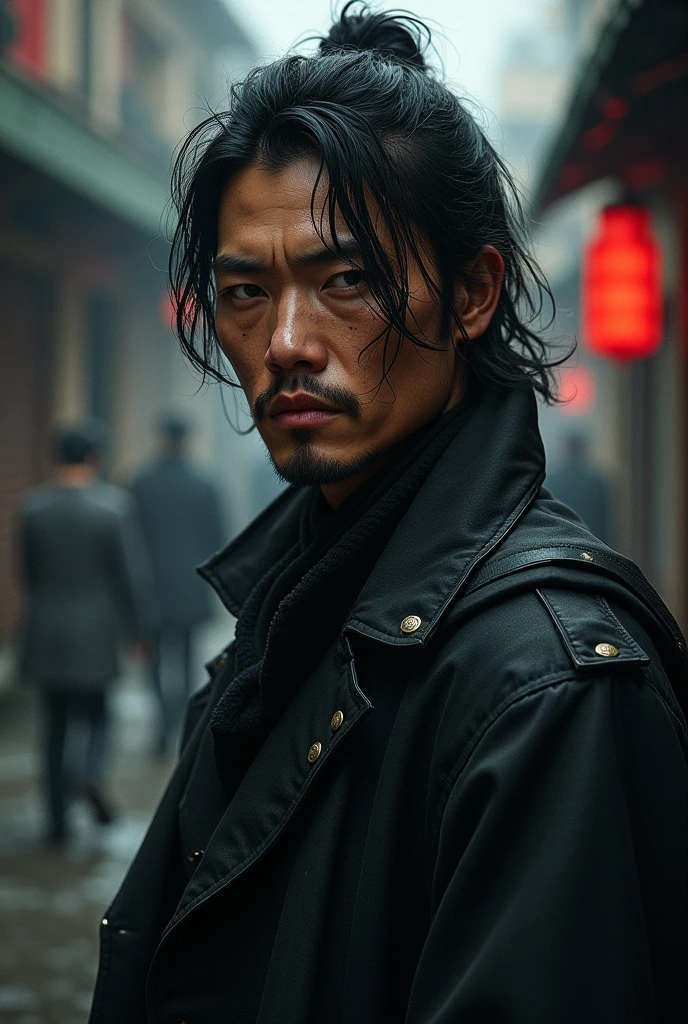 an asian man with black suit,long ponytail hair,anger on face,detailed face, ultra hd face,smoking,dark street background,full body