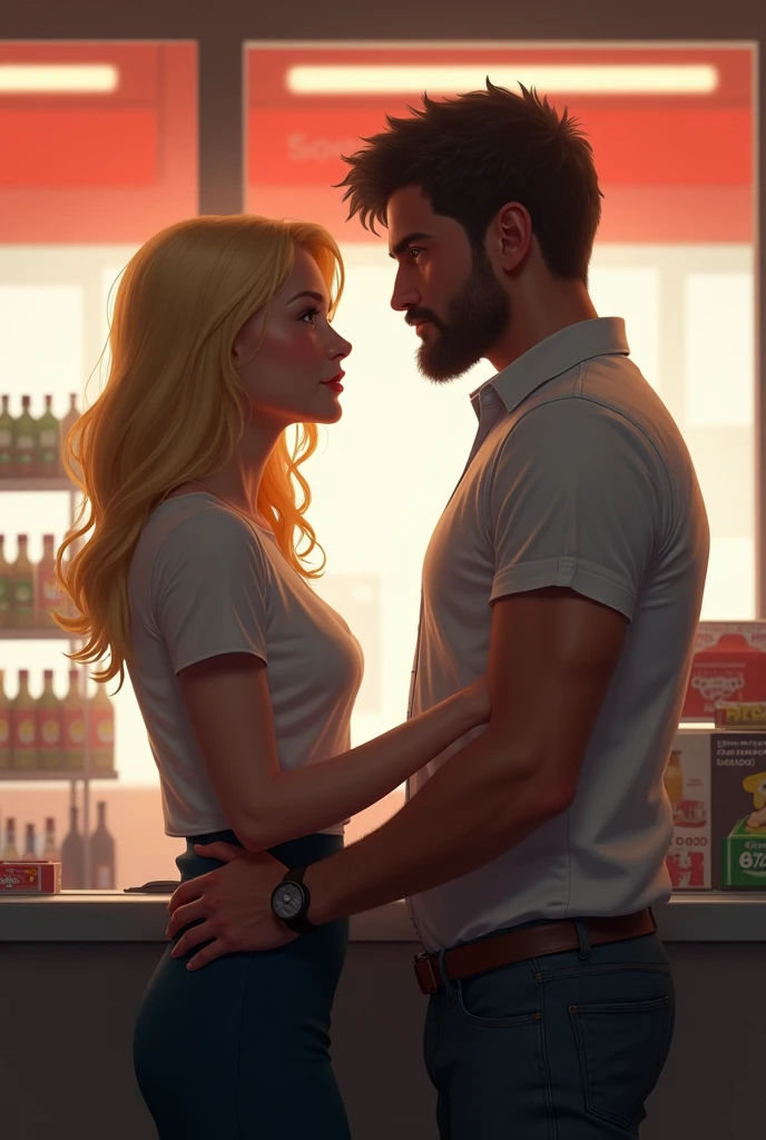 A couple fighting in the kitchen, The tall man has straight hair, and strong physique with a black shirt standing leaning against the kitchen sink he was holding a glass cup with a drink inside, and the woman in front of him, the woman has very short white hair, light brown skin and violet eyes, dressed in a tank top, white