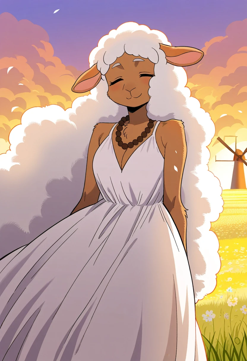 best quality, amazing quality, very aesthetic, absurdres, 1girl, (furry, kemono:1.3), sheep, sheep girl, golden_midday_sun, sleeping woman, tall_grasses, blooming_flowers, soft_white_cotton_dress, wooden_bead_necklace, contented_smile, deep_blue_sky, fluffy_white_clouds, gentle_breeze, rustling_birch_leaves, silvery_bark, reflecting_sunlight, rustic_windmill, rural_beauty, peace, timelessness, quiet_reflection