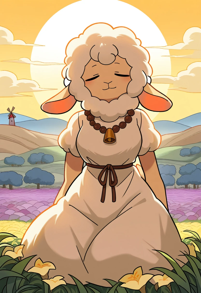 best quality, amazing quality, very aesthetic, absurdres, 1girl, (furry, kemono:1.3), sheep, sheep girl, golden_midday_sun, sleeping woman, tall_grasses, blooming_flowers, soft_white_cotton_dress, wooden_bead_necklace, contented_smile, deep_blue_sky, fluffy_white_clouds, gentle_breeze, rustling_birch_leaves, silvery_bark, reflecting_sunlight, rustic_windmill, rural_beauty, peace, timelessness, quiet_reflection