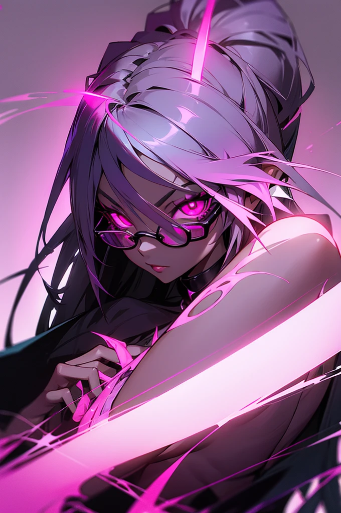((1woman)) In a room, there was a woman wearing a black shirt and glasses, with jet white hair and bright pink eyes, badass, Without expression, Her hair is a little spiky