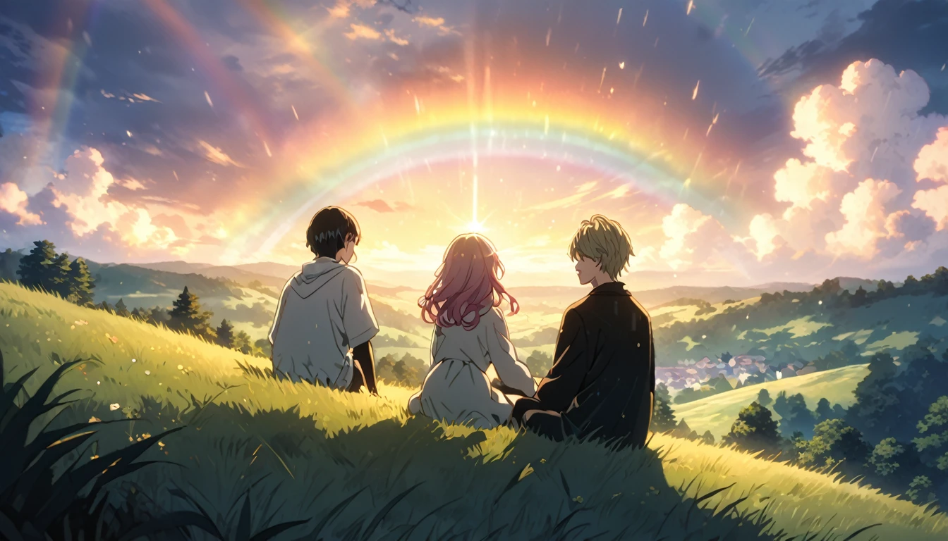 "An anime-style illustration with a nostalgic touch, depicting a serene moment shared between two characters in a dreamy, magical setting. They are sitting together on a grassy hill under a bright, post-rain sky with a vivid rainbow arching across the horizon. Soft, golden sunlight filters through fluffy clouds, casting a warm glow on their faces. In the background, a small, peaceful town and a forest stretch toward the horizon, creating a sense of timeless tranquility. The characters exude joy and closeness, their laughter blending into the idyllic atmosphere, symbolizing unbreakable bonds and a hopeful future."



