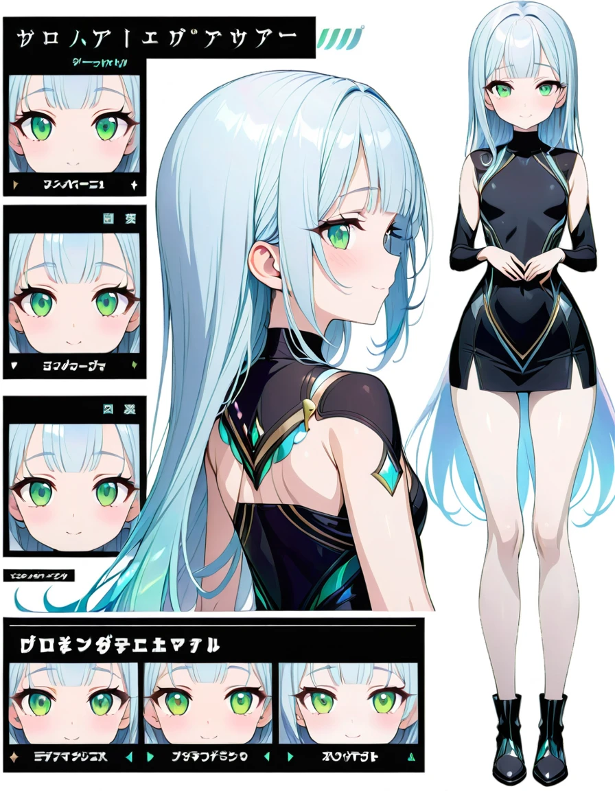 masterpiece, best quality, extremely detailed, (illustration, official art: 1.1), 1 girl, ((((light blue hair)))), ((iridescent hair, half blue and half pink hair: 1.2)),, light blue hair,, (eyes (blush)), cute face, big , masterpiece, best quality, (((a very delicate and beautiful girl))))), amazing, beautiful detailed eyes, blunt bangs ((((little delicate girl))), ((tareme))), droopy eyes. (true beautiful: 1.2), sense of depth, dynamic angle,,, affectionate smile, (true beautiful: 1.2), (tiny 1girl model: 1.2),) (flat chest), (masterpiece), (best quality), sharp focus, (character character design sheet, same character, profile side, back, close up), illustration, (detailed hair, detailed face, detailed features structure), ((1 woman, solo)), perfect balanced face, pose zitai, Detailed design character,, long length hair, (green eyes, beautiful shapes of eyes)), black turtleneck outfit, (simple background, white background: 1.3), (character design sheet, same character, front, side, back), score_9, score_8_up, score_7_up, score_6_up, score_5_up, highres,8k, official art, pale skin, shiny skin, full body, character chart, ((personalization))),
