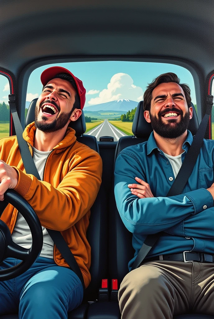 The painting of two men traveling in cars: the one who drives is happy and sings the passenger is sad, angry and with folded arms