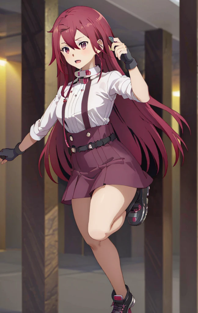 Nishikino maki, purple eyes,red hair,angelic dress ,blunt hair,curvy body, holding mp3, earphones, running,