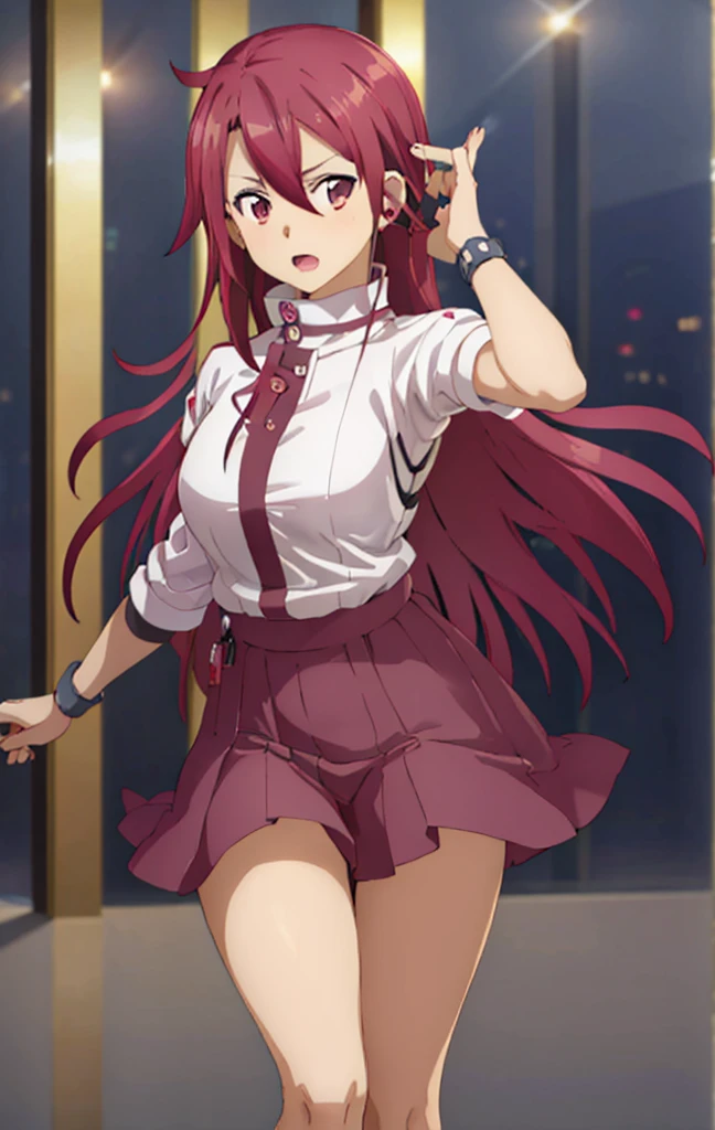 Nishikino maki, purple eyes,red hair,angelic dress ,blunt hair,curvy body, holding mp3, earphones, running,