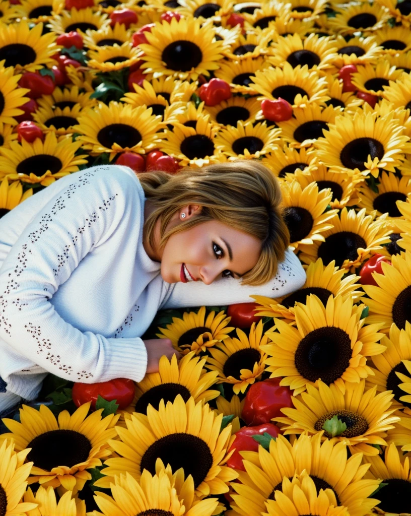 A young woman, reminiscent of Britney Spears, reclines on a field densely packed with vibrant, artificial sunflowers of varying sizes and shades of yellow, orange, and red.  The woman is wearing a light, pale blue, slightly oversized, knitted sweater with a ruffled neckline, lying peacefully amongst the sunflowers;  depict the scene with a shallow depth of field emphasizing the woman's form and the textures;  with an outdoor setting, golden hour lighting,  a soft focus lens effect, and a color grading that brings out the warmth and vibrancy of the sunflowers while retaining a natural touch to the skin tones and clothes; use 8k resolution, photorealistic style, high detailed lighting, fine focus, and a classic outdoor autumn aesthetic reminiscent of studio portraiture. Britney Spears. Britney.