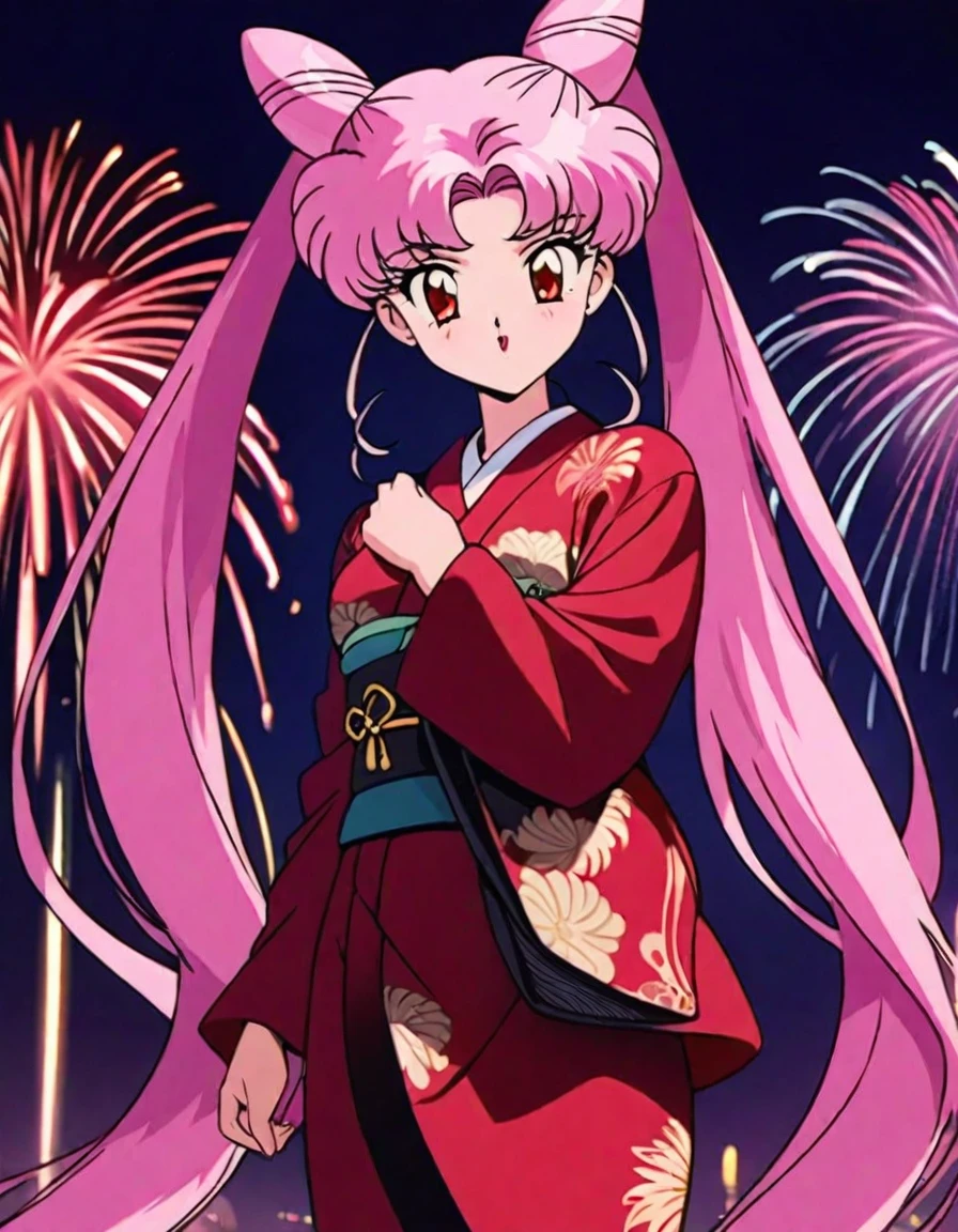 masterpiece,best quality,very aesthetic,ultra detailed,intricate details,1990s \(style\),Black Lady1,1girl,solo,pink hair,cone hair bun,long hair,hair bun,double bun,red eyes,twintails,very long hair,kimono,firework background,cowboy shot,