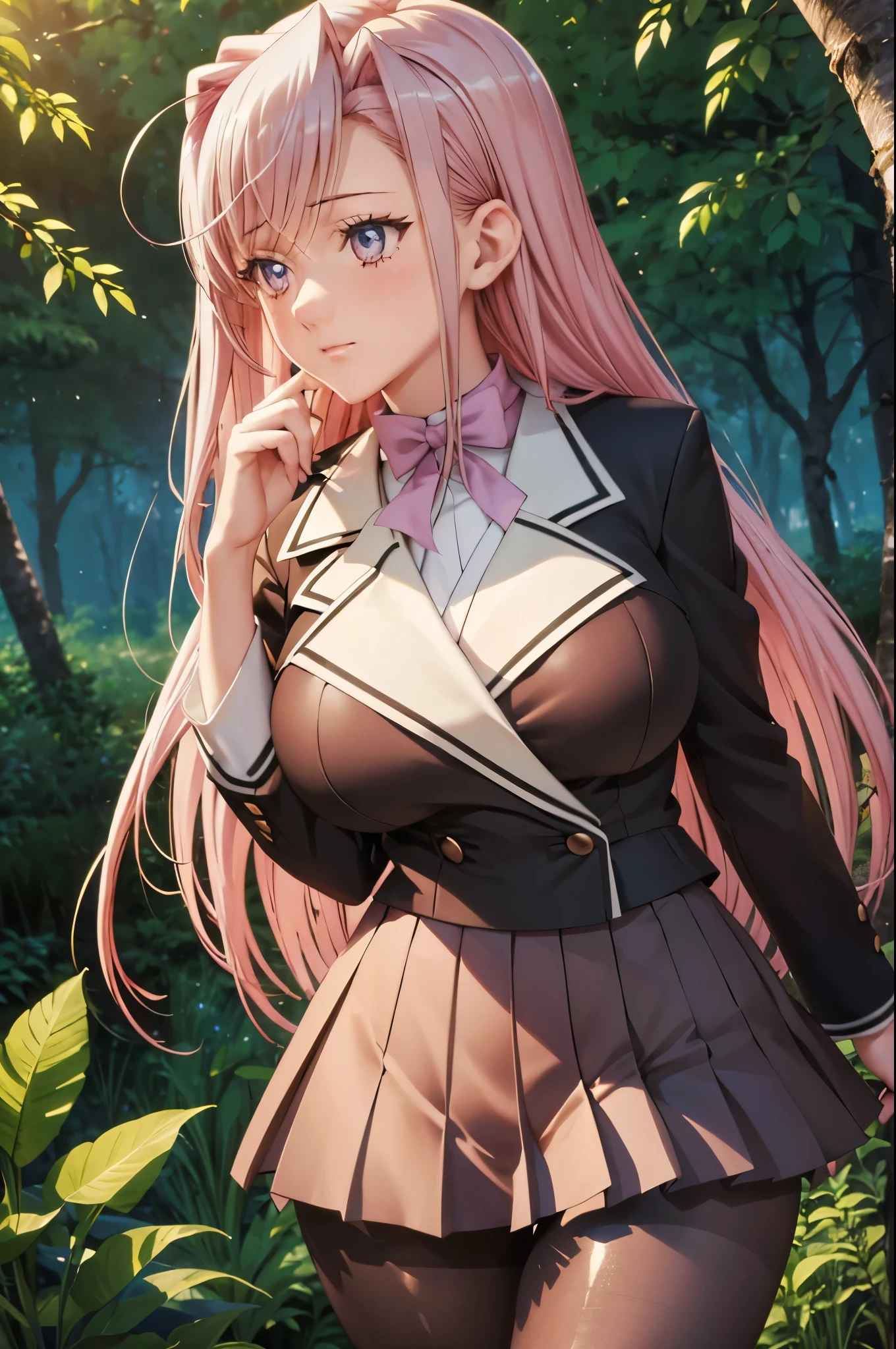 (jambes grasses), ((forest by night)), (large breast), ((perfect hands)), ((glossy pantyhose)), (finely detailed eyes and detailed face:1.3), (extremely fine and beautiful:1.1), (Perfect details:1.1), Charlotte Hazelrink, Princess Lover, ((glossy pantyhose)), (view from below), sexy legs, (view from behind), (1girl),(1 young boy), pink hair, long hair, blue eyes, purple eyes, school uniform, embarrassed, (perfect eyes:1.1)