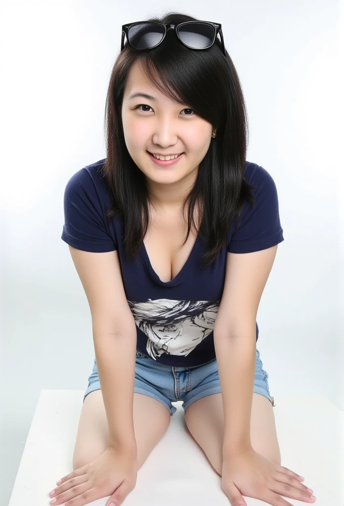 (Ultra detailed:1.2), a Pretty asian woman with thick body, very sexy, soft makeup, sunglasses above head, bangs short ponytail hairstyle, ((Bent_over, half standing)) , hands on knees, Looking At Viewer, wearing navy oversized t-shirts, (downblouse, big cleavage visible) , (from below, low angle) , (white background) 