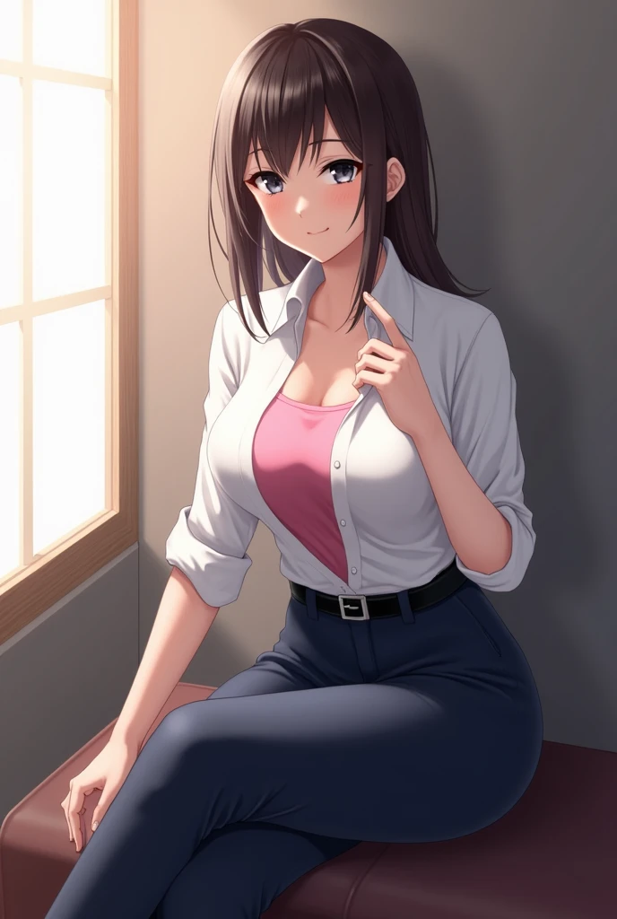 1girl, 17yo sofia takigawa_jav, breasts, eyelashes, looking at viewer, cowboy shot, sitting, crossing legs, dynamite lighting, attractive body, wearing office attire, white blouse, pink singlet, belt, black pants,
(ulzzang-6500:0.0), (ultimate quality, masterpiece, highres:1.0), (photorealistic, realistic:1.9),  nice hands, 