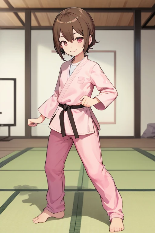 highest quality, masterpiece, High resolution, detailed, Perfect Anatomy,looking at viewer, solo, female focus,HikariDigi, small chest, pink long sleeve judo, pink long judo pants, judo, inside the judo gymnasium, standing on the tatami, full body standing, (combat stance), smile,female ,
((masterpiece)) 