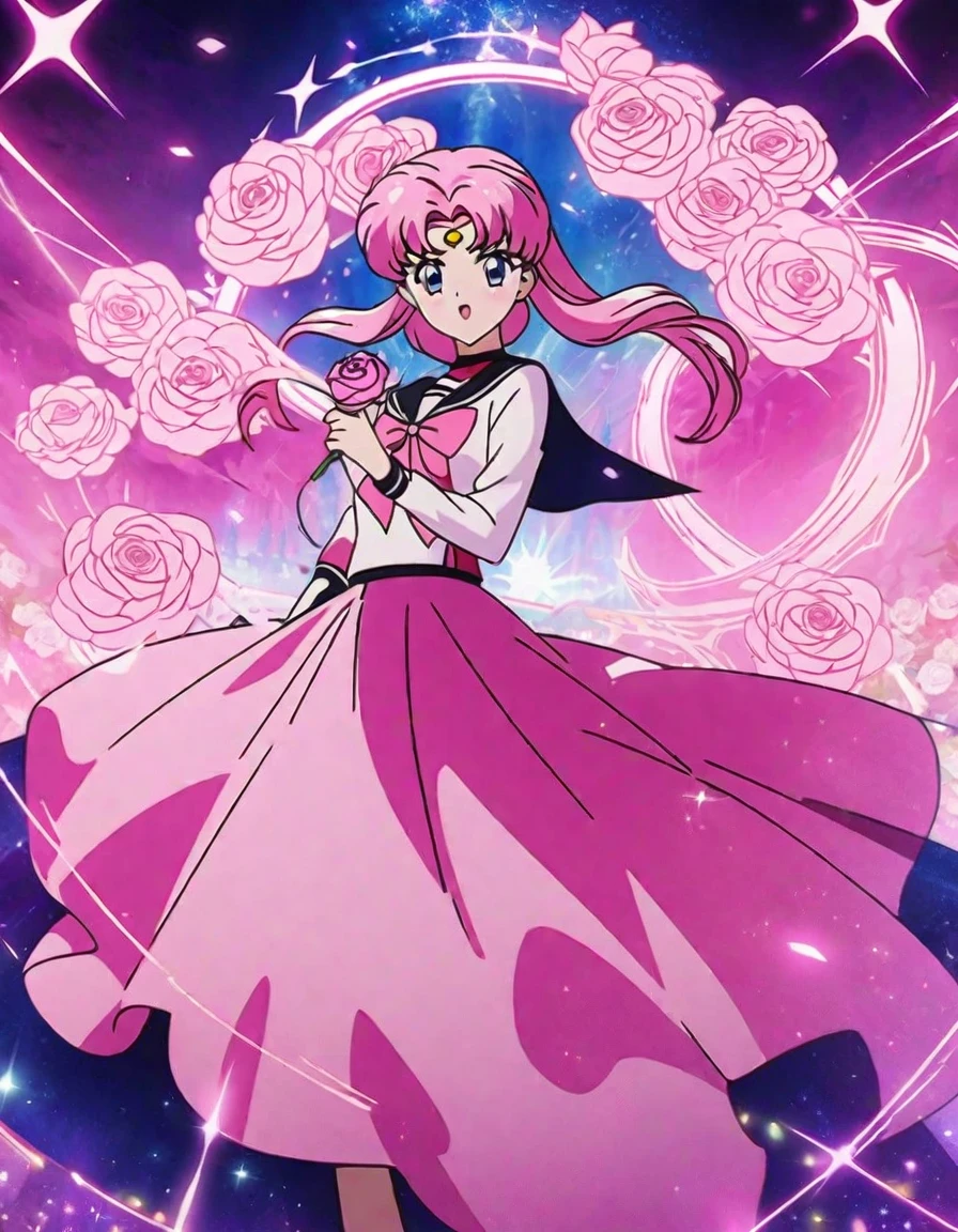 there is a pink Rose with a starburst in the background, melanchonic Rose soft light, Magic Flower, Rose background, Background artwork, Shiny delicate flowers, beautiful anime, pink Rose, 🌺 society, Magic Background, Glowing Flower, Rose, anime wallpaper 4k, anime wallpaper 4k, Sailor Moon. beautiful, Created by Anime Painter Studio, 