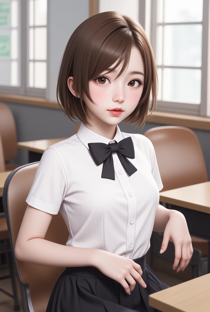 , solo girl,  short-hair, looking at viewer, brown hair, shirt, bow, brown eyes, sitting, white shirt, short sleeves, skirt, indoors, bowtie, lips, black bow, chair, table, black bowtie, realistic, classroom ,high_resolution , 8k