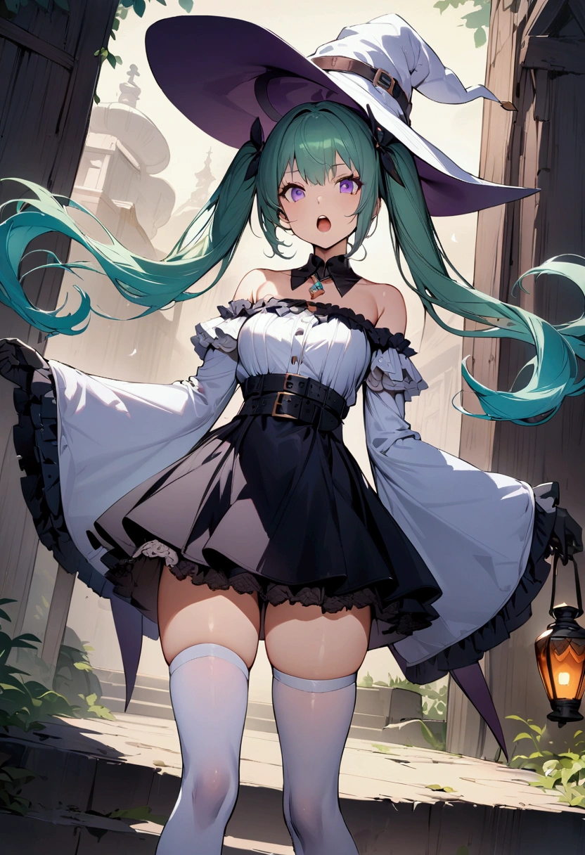 Solo, pale pink short pigtails, 20 years old, raped cyber witch girl, witch hat, white cyber leotard, very short cape, cyber ruffle apron, mecha short boots, fractal dark tentacles background, illuminated emerald emblem, sparkling red ribbon, navy cyber protector, noble pose, slim big breasts, slim big waist, brown belt, slim big navel,