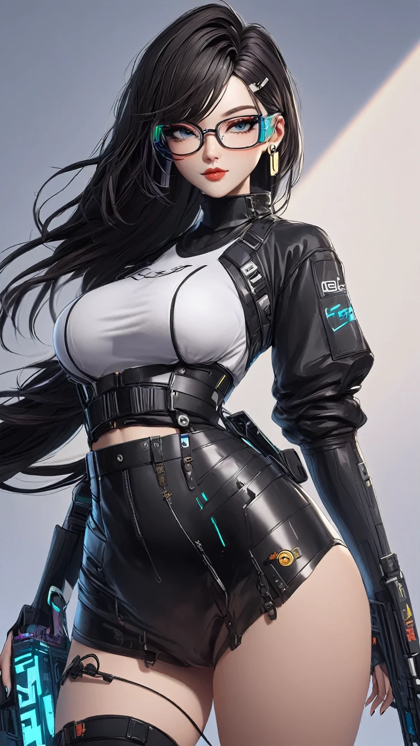 (masterpiece,  Quality Best ), 1 Girl,  dark hair ,  glasses,  cyberpunk,  unique , Waist high,  Sexy Appearance 