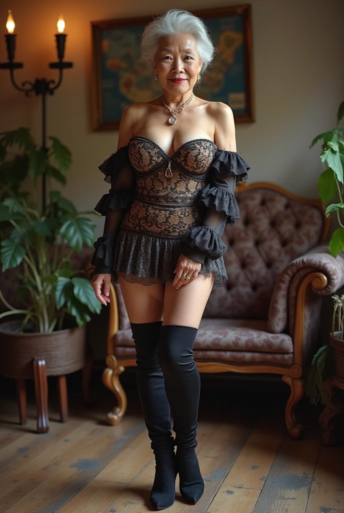 (((black high heels))) (((aristocratic pose of the countess))), Cuban mature (((massive hips and noble face))), (((black pubic hair))), very pale wearing, ((( breasts))), (((hard nipples))), jet black hair, ((( breasts))), (((hard nipples))), jet black hair, (((Shaggy haircut with bangs))) ((very oily skin)), gothic makeup, black fishnet stockings ((( jet black pubic hair))), (((two thick braids with bright red bows)))