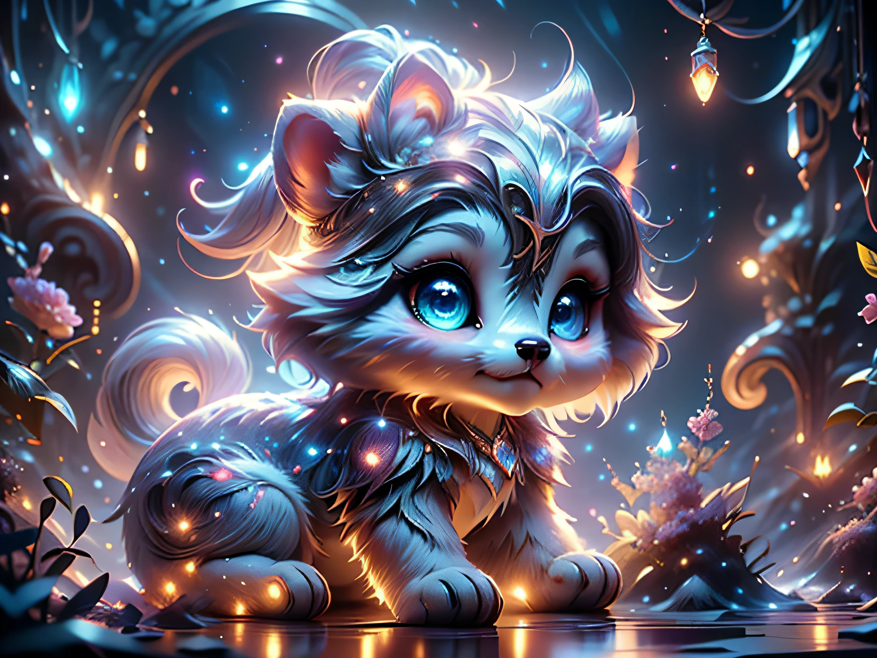 Magical Fantasy Creature, (Best Quality, Masterpiece, Representative Work, Official Art, Professional, Super Detailed, 8k:1.3), (Photorealism:1.2) Super Cute, Big Eyes, Soft, Soft Nose, Fluffy, Two-Toothed Smile, A baby white unearthly creature has big blue eyes with silver sparkle, northern pink-lilac lights light up the night sky, magical moment, hyper-realistic digital artwork, highly detailed, Realistic, Beautiful, Soft Volumetric Light, (Backlight:1.3), (Cinematic:1.2), Intricate Details, (ArtStation:1.3), --auto --s2