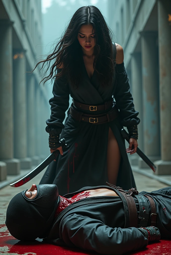 Indonesia beauty woman, cutting throat a boy ninja, blood stains, blood splashed, room