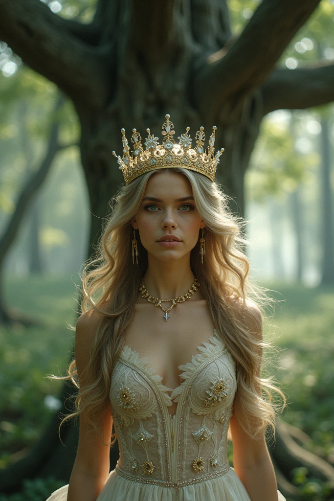 "A full-body shot of a realistic fairytale scene in a magical palace in a beautiful magical forrest, bathed in sunlighting."Beautiful pastel colour pallette. "A fairy queen 1 with realistic striking big blue eyes with eye makeup and a serious, direct gaze at the camera with golden extra long hair, "doing hand stand with both hands", wearing a thin blue/green dress" "Her rose-gold delicade fairy-crown, is hanging by the ends of her hair" " A Fairy queen 2 with golden-brown long curly hair in a thin light blue dress is standing by clapping her hands, looking at fairy queen1 with staring thorough detaled blue bright eyes and shocked look with open mouth, perfect shaped pearly white teeth and pursed lips". "Singing fairy3 with a long white hair in a sheer golden wet transparent dress outfit, big breasts, thin waist, big butt, looks provocative with her mouth almost sedusive at fairy queen 2 laughing." "The lighting is natural and bright, highlighting their features and casting a soft glow around their hair, creating a high-contrast effect that emphasizes the subject's presence. " "Elf king is sitting on a royal chair in a elfie chlothes." "A white rapid sits in on a decorative dining table1:1" "while a rainbow colored bird perches on the top of the thin royal thrown". The scene includes a messy fairy queens in a beautiful and magical forrest palace. "The vast environment paints a magical but weird admosphere". # Configuration settings clip_guidance_scale = 20 # High adherence to the detailed prompt, emphasizing facial features hr_scale = 2.0 # High resolution to capture intricate details in the hair and face. hr scale =2.0 # Perfect human female body. Best hands 1:1, super realistic hair 1:1, hyper realistic eyes 1:1, extra detailed delicate moist skin, most detaled and realistic face 1:1. #A realistic stage with thorough details and clear focus on the queens. Perfect feet, hands and arms and legs and toes. 'Not to many arms or deformed legs'.