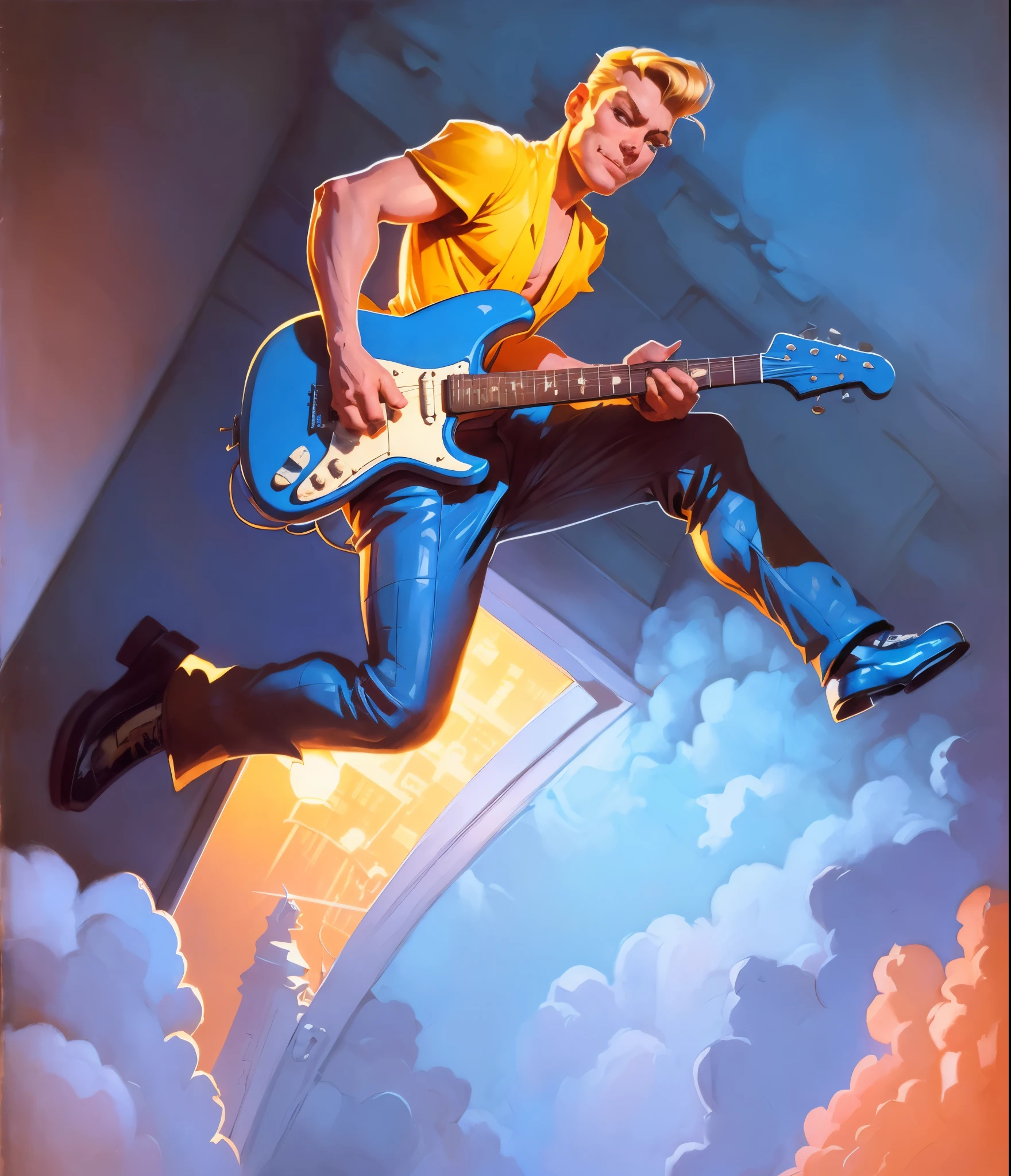 Stylized to an American advertizing poster from the '50s. Pinup style. Smiling handsome blond man dressed in a blue night robe, jumping on a bed at night with electric guitar,  The window shows the night city.  Detailed gouache painting on aged paper.