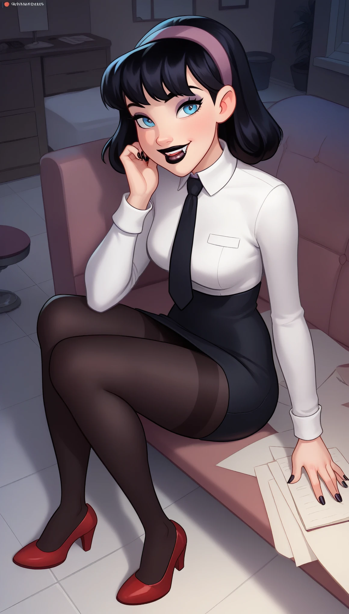 score_9, score_8_up, score_7_up, score_6_up, score_5_up, score_4_up, 1girl, pretty girl,(Perfect Anatomy), Masterpiece, Ultra High Quality, 8k, masterpiece, Highest quality, Ultra-high resolution, Maximum resolution, Very detailed, Professional Lighting, Disney, young female, Mavis Dracula, Mavis is a beautiful young vampire woman with a slim-yet-shapely figure, small fangs, pale-fair skin, light blue eyes and silky black hair kept into a bob with V-shaped bangs. Black lipstick, nail polish and eyeshadow around her eyes. Wear short-sleeved black turtleneck sweater-dress with red-striped black leggings, and red high-top shoes, fingerless, black tule-gloves which acts as long sleeves for her dress.