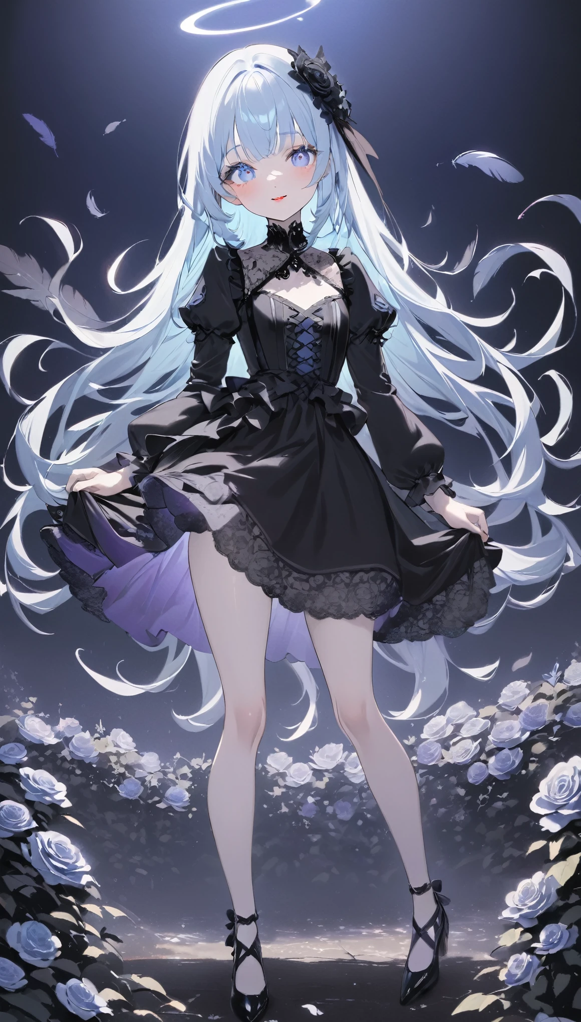masterpiece, best quality, extremely detailed, (illustration, official art: 1.1), 1 girl, (((light blue long hair)))), (((light blue long hair))), light blue hair,, long hair ((blush)) , cute face, big eyes, masterpiece, best quality, (((a very delicate and beautiful girl)))), amazing, beautiful detailed eyes, blunt bangs (((little delicate girl)))), tareme (true beautiful: 1.2), sense of depth, dynamic angle,, (((tareme))), affectionate smile, (beautiful true: 1.2),, (tiny 1girl model: 1.2) (flat chest), (dark atmosphere, gothic fashion, bright colors), (best quality, Super Exquisite,), Sexy Goth Vampire Girl, In the Rose Garden at Night, Beautiful and Delicate Eyes, Straight Black Light Blue Long Hair with Blue Tips, Crow Feathers, Red Lipstick, Mysterious Smile, Pale Complexion, Fishnet Stockings, Black Dress, Pointed-Toe Bootysterious Aura, The Moonlight Illuminates Her Elegant Silhouette, Soft Shadows and Soft Highlights, Painted Colors Create A Vibrant Atmosphere, Dark and Moody Color Palette, Subtle Yet Dramatic Lighting Effects, Sublime Darkness Intertwined with Exquisite Moonlight, She's Tall and Mature, Red Tone, Beatiful Pretty face