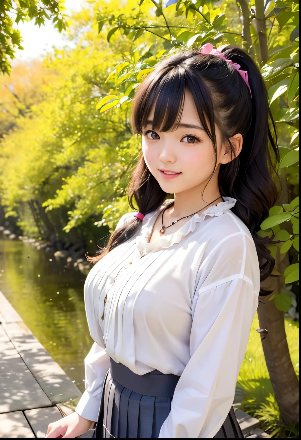 (Highest quality,masterpiece:1.3,Ultra-high resolution),(Very detailed、Caustics) (Realistic:1.4, RAW shooting、)Ultra-Realistic Capture、Very detailed、Natural skin texture、masterpiece、(A Japanese wearing a blouse and pleated skirt:1.3)、Adorable expression、Expressions of happiness、、height: 140cm、Baby Face、Pure girl、Amute、Twin ttyle、Curly Hair、ribbon、Black Hair、Large Breasts、Shining thighs、Shining ass、necklace、Shade by the lake、 Autumn Scenery、Background details、smile、An inviting gaze、(Anatomically correct)、Cowboy Shot、Attention to detail、Breast lift