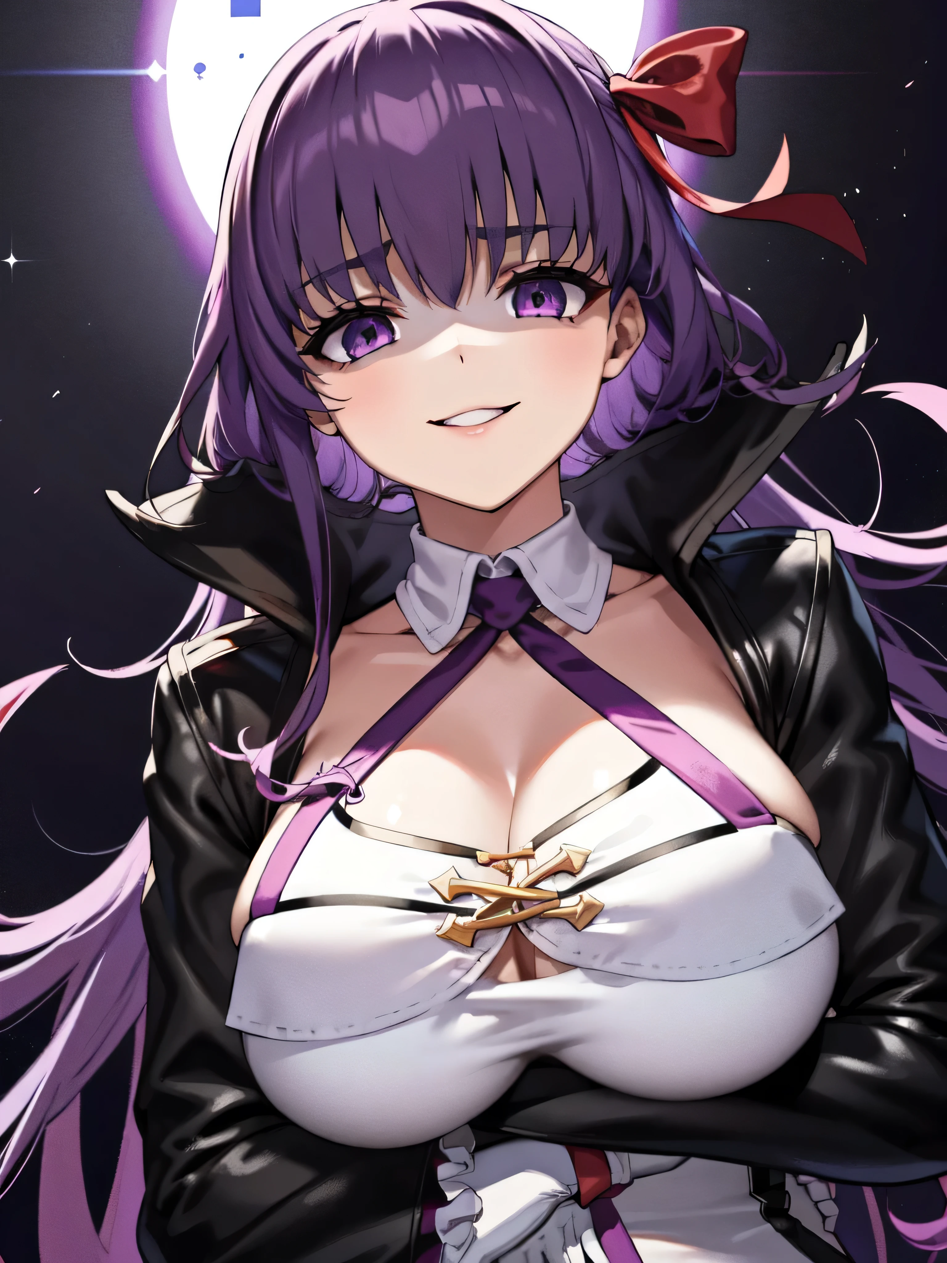  Isoscale, Mid Shot,  night, ,,, Purple Hair, Black jacket, , Red ribbon, Big Breasts, Purple eyes, White gloves, Long Hair, Large collar, evil Smile,,,,Highly detailed CG Unity 8K wallpapers, Perfect lighting,,Looking down at the viewer,,Anxious smile,Black and purple world background,deep shaded face(eyes in shadow),solo,Yandere,,look down,looking down at viewer, ,,from below,close up,Dark Side、