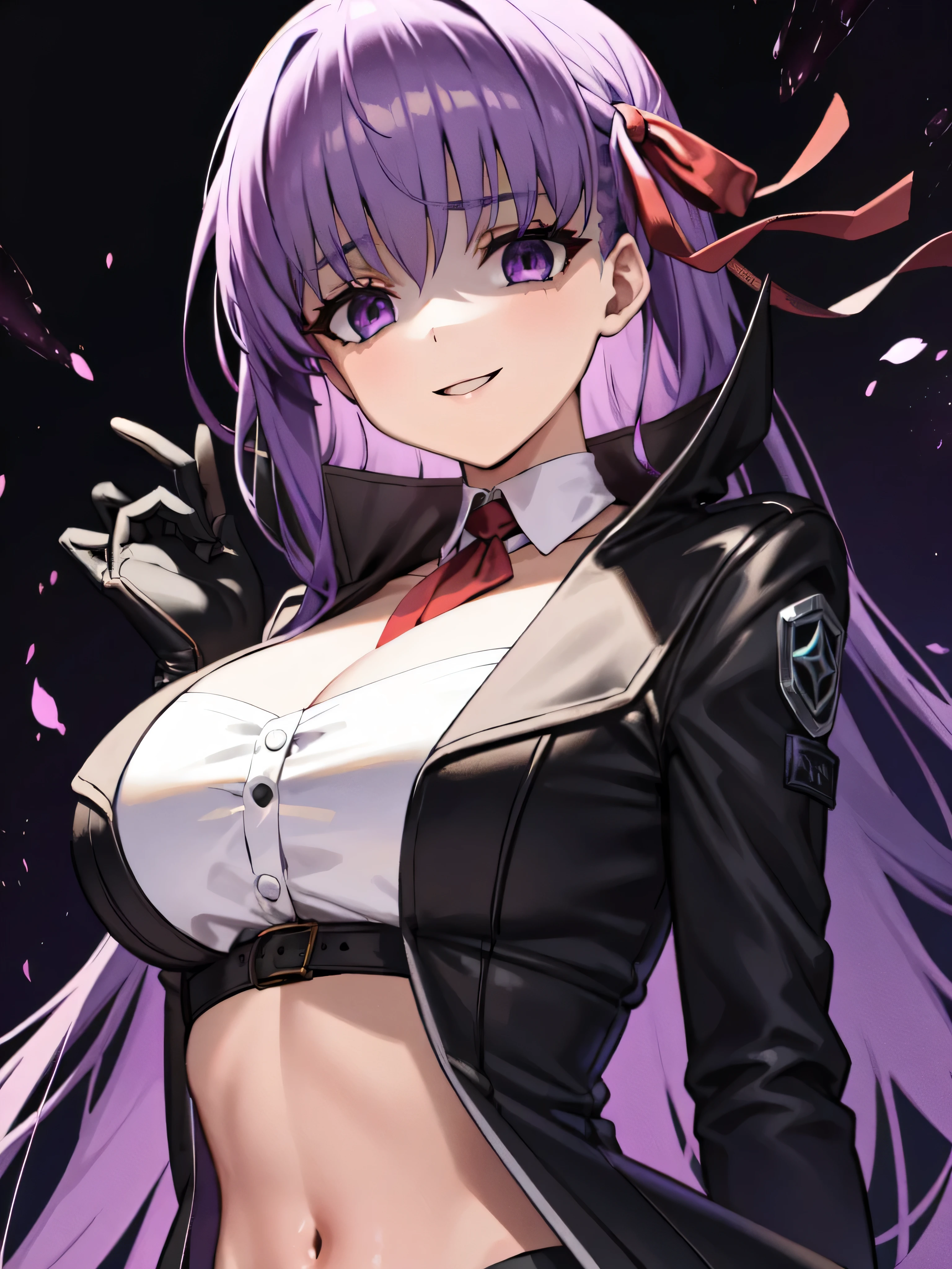  Isoscale, Mid Shot,  night, ,,, Purple Hair, Black jacket, , Red ribbon, Big Breasts, Purple eyes, White gloves, Long Hair, Large collar, evil Smile,,,,Highly detailed CG Unity 8K wallpapers, Perfect lighting,,Looking down at the viewer,,Anxious smile,Black and purple world background,deep shaded face(eyes in shadow),solo,Yandere,,look down,looking down at viewer, ,,from below,close up,Dark Side、