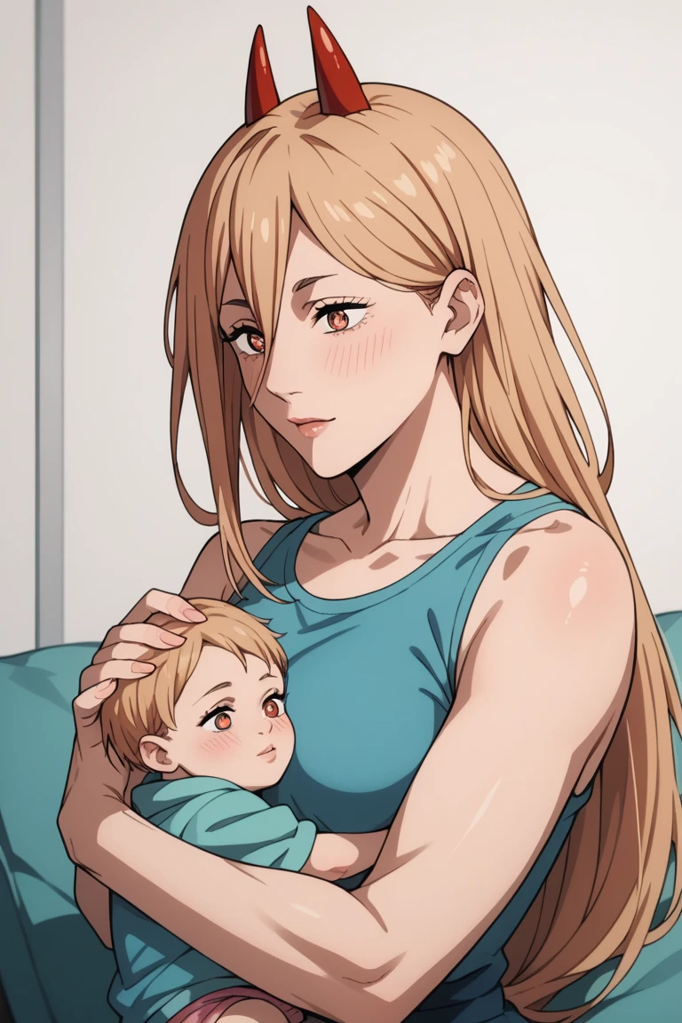  source_anime, BREAK, 1girl, solo, p0w3r0x1, power, long hair, blonde hair, red horns,demon pupils, blushing, medium breasts,   sleeveless, mother and baby, small girl,hugging up, baby, (((african baby))), interracial baby,