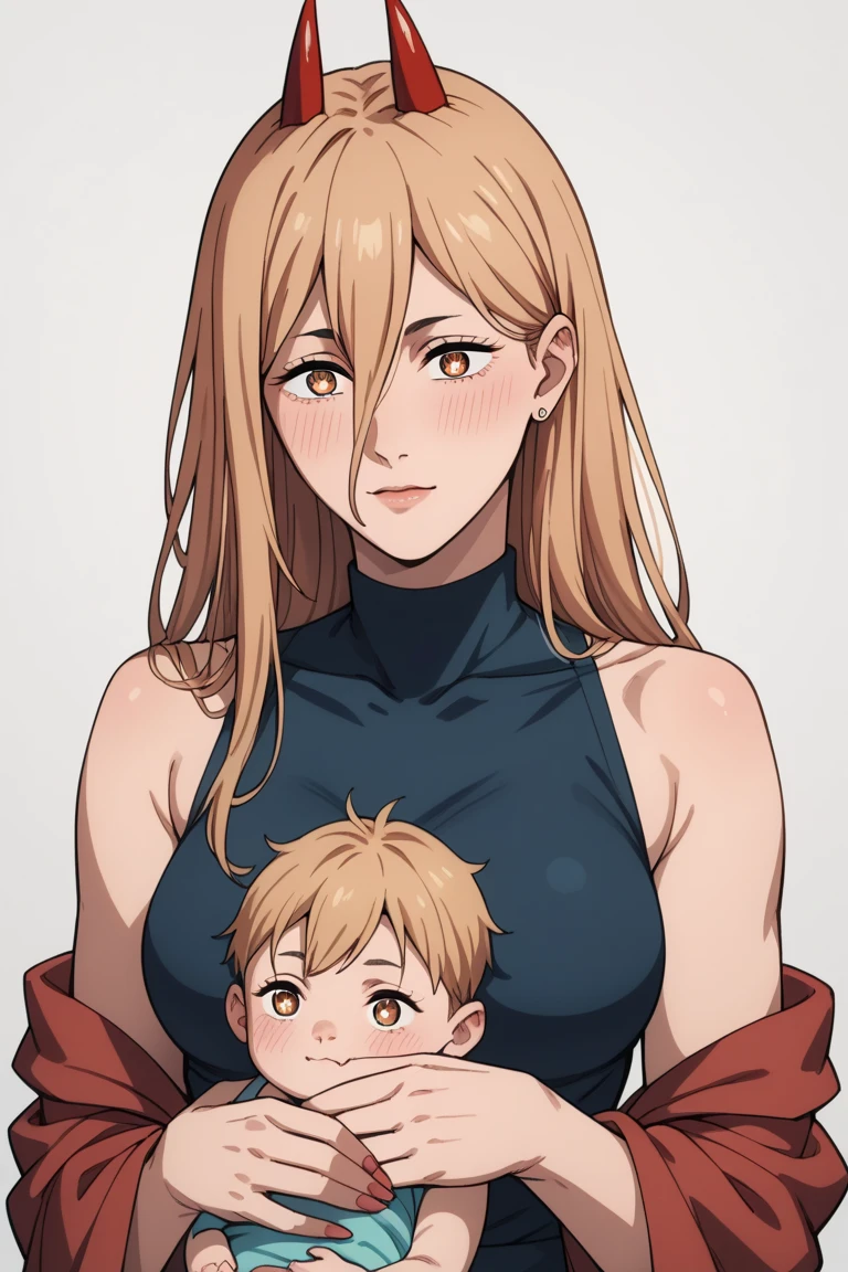  source_anime, BREAK, 1girl, solo, p0w3r0x1, power, long hair, blonde hair, red horns,demon pupils, blushing, medium breasts,   sleeveless, mother and baby, small girl,hugging up, baby, (((african baby))), interracial baby,