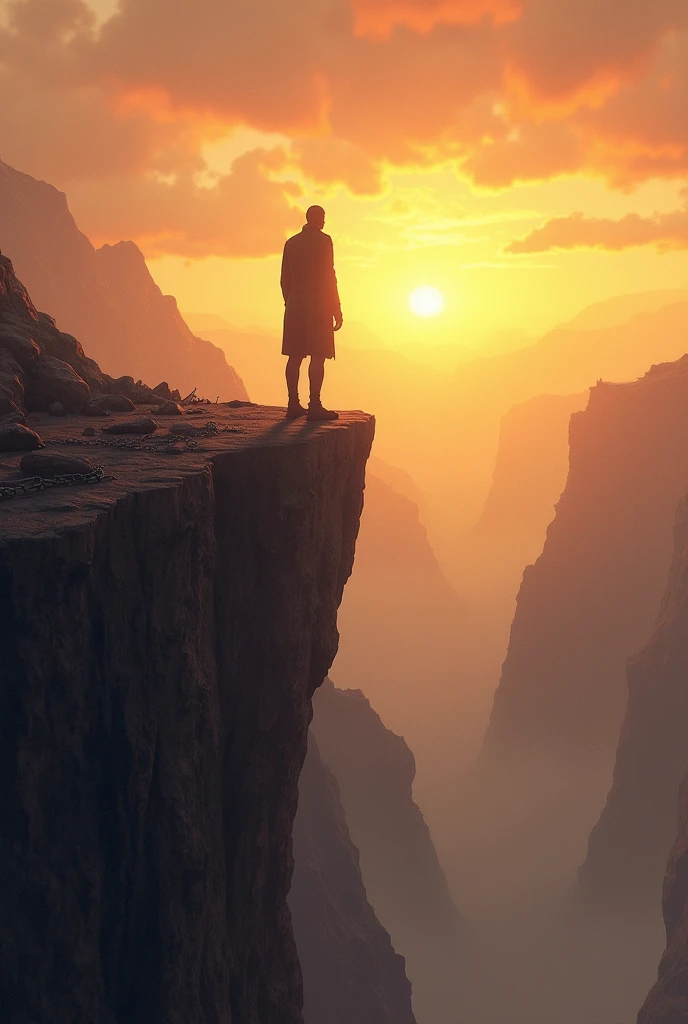 "A person standing at the edge of a cliff at dawn, gazing into the distance with a look of determination. The sky is a blend of soft golden and orange hues, symbolizing hope and new beginnings. Below, a winding path leads through rugged terrain, representing the difficult journey toward success. Broken chains and shattered obstacles lie scattered on the ground, symbolizing past fears and failures. The figure’s posture is strong and resolute, symbolizing the courage to keep moving forward despite the challenges."