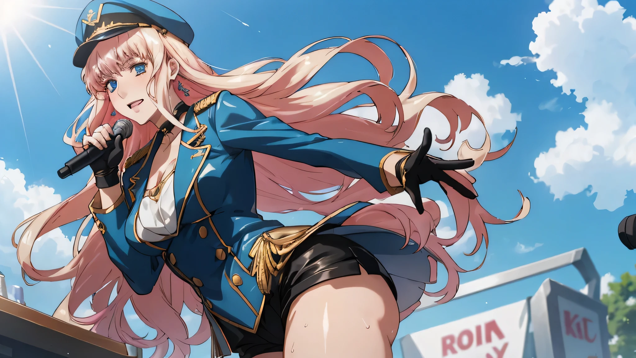 sheryl nome ,outdoor ,sun, live stage ,day,daylight,shining,Shine,Anime coloring, glistening hair, glistening wear,wet skin,multicolor hair ,  gradient hair , golden hair,Pink Hair, Long Hair, blue eyes,  earrings ,  jewelry, Peaked Cap, Gloves,  choker, uniform,, military, blue military uniform, black short pants ,black knee high boots,holding microphones ,CGSociety, looking at viewers,beautiful face,beautiful breast,beautiful thighs,smile,sweat,dynamic pose,realistic white lace panties,
break masterpiece ,8k unity wallpaper,anime key visual,highest quality, High resolution,  (shape:0.8),anime coloring,highly detailed face, detailed eyes,growing eyes,shiny skin,fine skin,white skin, glistening skin,detailed hair,highly detailed legs,perfect lighting, Detailed CG, (perfect hands, perfect anatomy),High resolution,(Detailed wear ),slender limbs, delicate curves, dainty hands,figure:0.8,