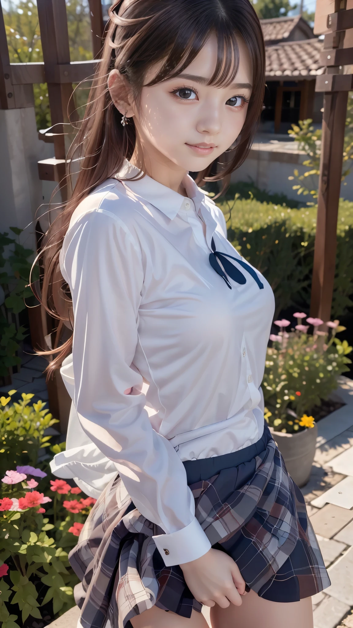 (((Round face))), (blush, Droopy eyes), ((Bend and open your legs, Showing genitals)), White summer shirt, ribbon, Pleated skirt, uniform, Braiding, Stylish glasses,