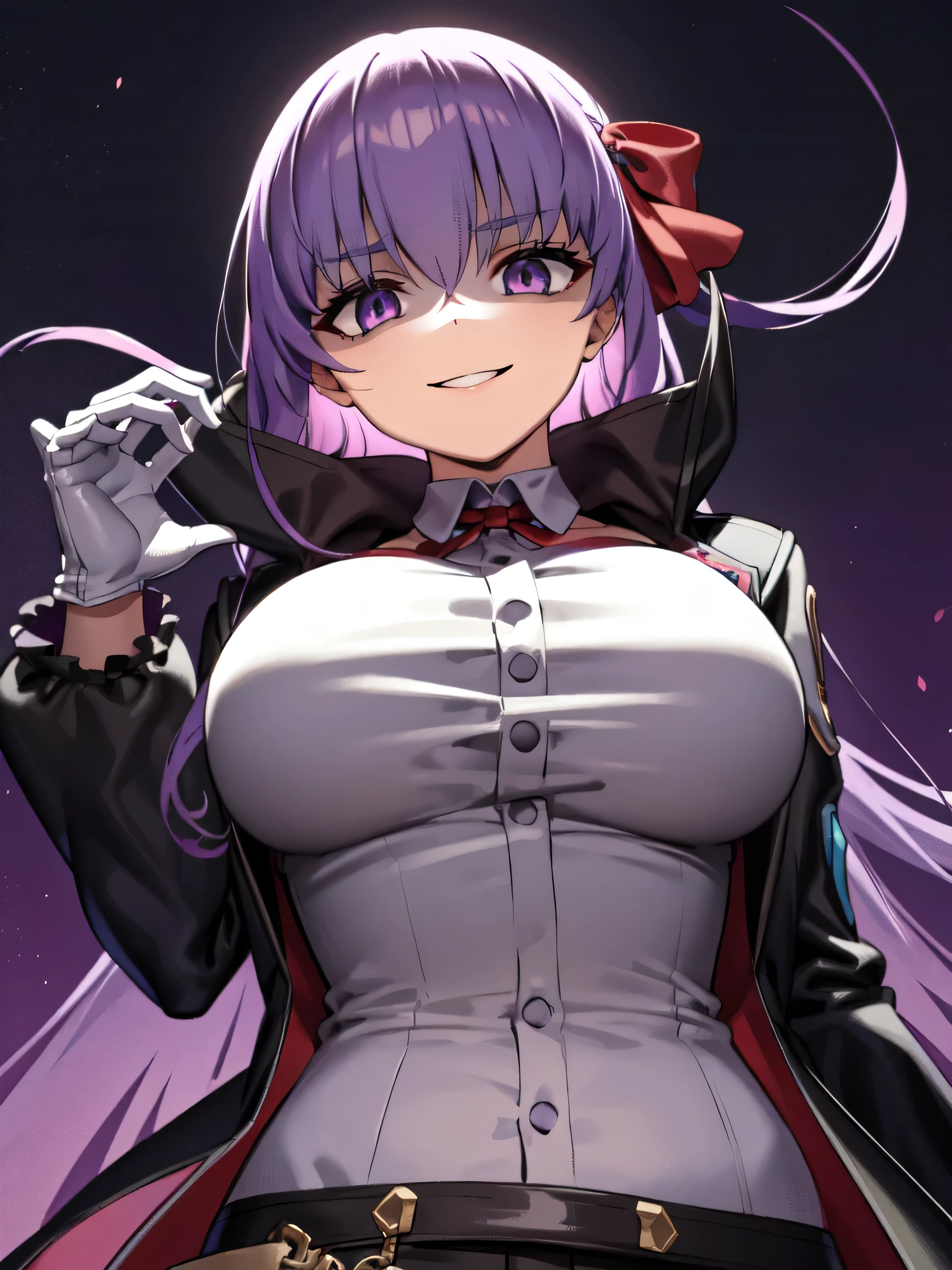  Isoscale, Mid Shot,  night, ,,, Purple Hair, Black jacket, , Red ribbon, Big Breasts, Purple eyes, White gloves, Long Hair, Large collar, evil Smile,,,,Highly detailed CG Unity 8K wallpapers, Perfect lighting,,Looking down at the viewer,,Anxious smile,Black and purple world background,deep shaded face(eyes in shadow),solo,Yandere,,look down,looking down at viewer, ,,from below,close up,Dark Side、