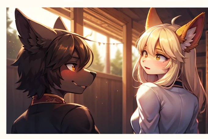 Yellow fox boy and black fox girl, 4k quality,High resolution, Holding hands,kiss,Drooling, Wearing a red collar,Feelings of love,Cute Face, Dog crying in bed Doghouse life,narrow,They are connected together by a collar lead,I feel happy now.!Being scolded,A secret time just for the two of us!Heart symbol