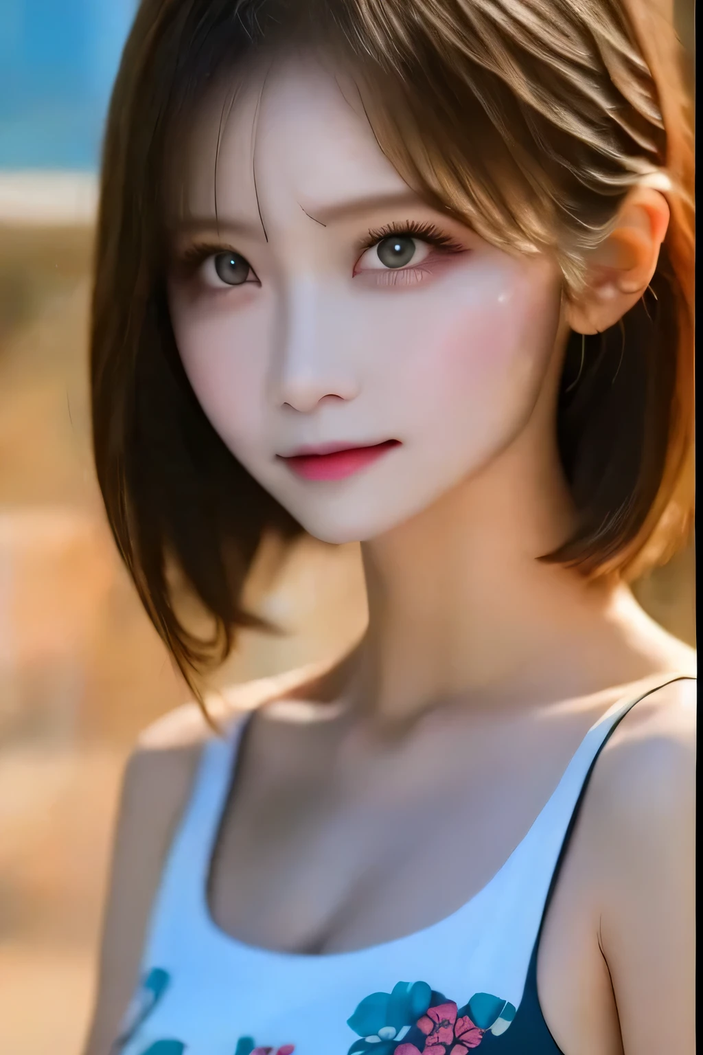 (Hmm._1985-1987_v1.4G:0.5), Hmm.,  short hair on the side of the uniform, ( sharp concentration:1.2),  Portrait , intractive young woman, ( Facial beauty:1.1),  Detail Eyes, Seductive lips, (Eye Makeup:1.2), ( Toned Body:1.2), wear (Floral Dress:1.2) in ( beach :1.2). (Lights of the Rising Sun :1.2),  depth of field, Bokeh, 4K,  high definition . by (James C. Christiansen:1.2|Jeremy Lipping :1.1).