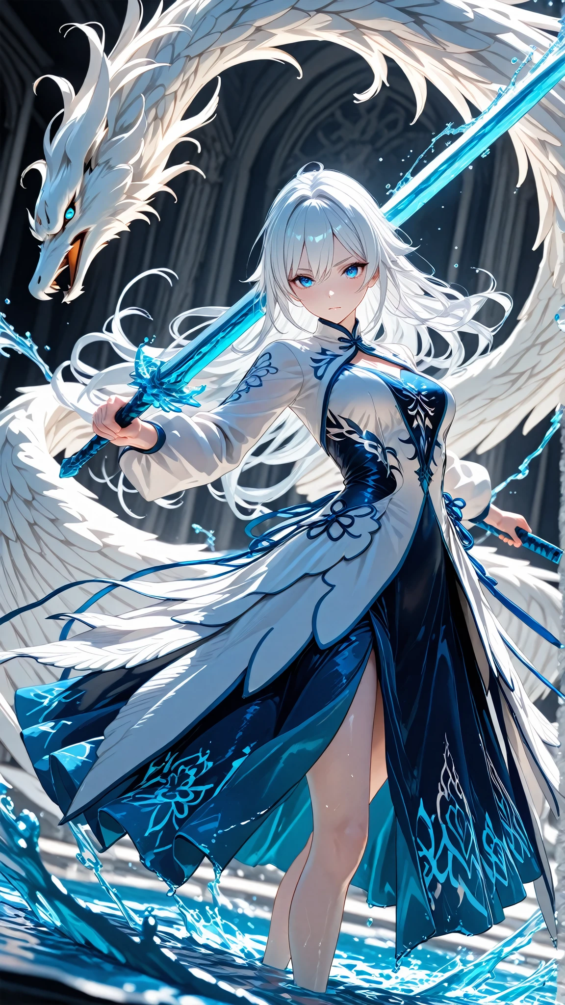 Sword girl , 1 woman, blue eye, white hair, long hair , beautiful skin, dress , holding sword, water, water, Sword at the side of the body , white phoenix dress outfit, 3D render, action pose 